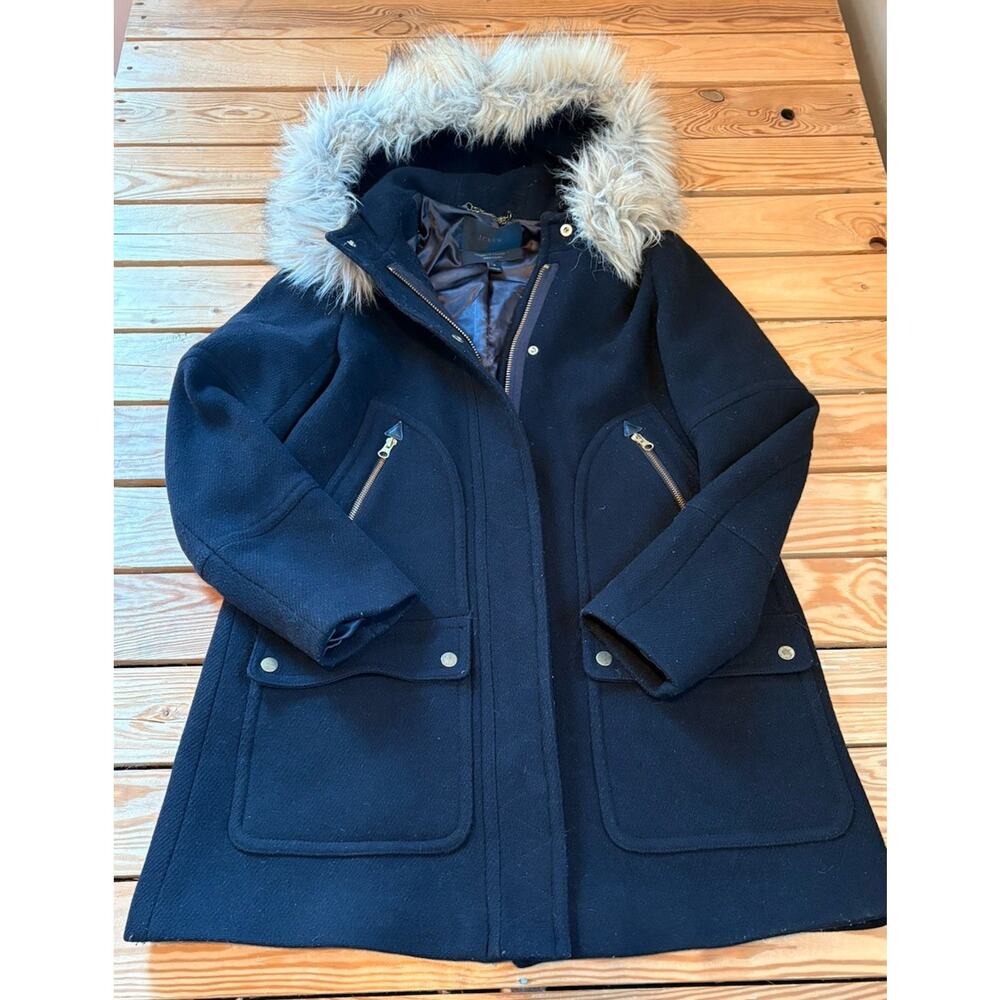 J Crew Women’s Stadium Cloth Nello Gori Faux fur hooded coat size 6 Black Bb